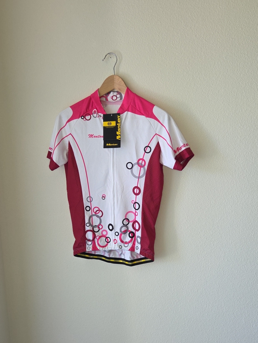 MONTON Pink & White Cycling Jersey Full Zip Back Pockets Short Sleeve Sz M/L NEW